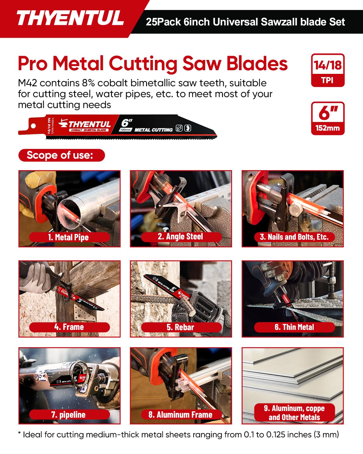 25-Pack 9-Inch Bi-Metal Reciprocating Saw Blades - 14/18 TPI for Medium Metals