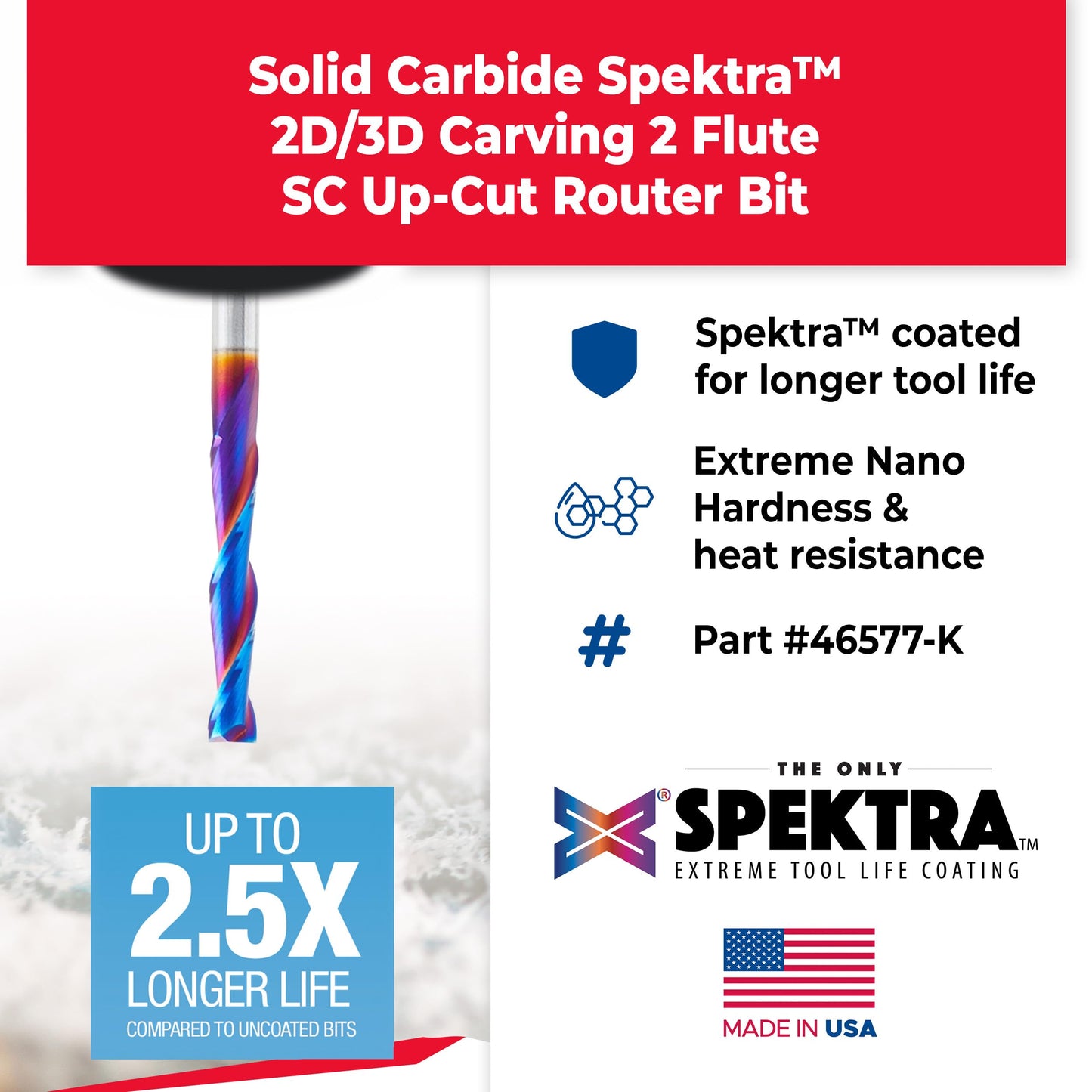 Amana Tool Up Cut Solid Carbide Spiral 2D/3D Carving Router Bit, 46577-K, Flat Bottom 0.10 Deg A x 1/4 D x 1-1/2 x 1/4 Shank x 3" Long x 2 Flute