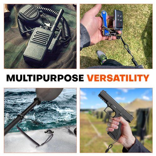 Koiled Military-Grade Braided Kevlar Cord Heavy Duty Retractable Lanyard - Carabiner Clip, 265lb/120kg Breaking Strength - Security Belt, Key Chain, Tether Strap for Weapons, Guns, Keys, Tactical Gear