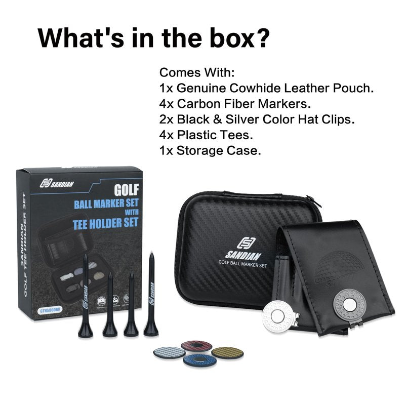 SANDIAN [Full Set], Golf Ball Markers Carbon Fiber T800 Set with Genuine Black Leather Belt Clip Tee Holder Pouch, Magnetic Hat Clips, Storage Case [Black Leather]