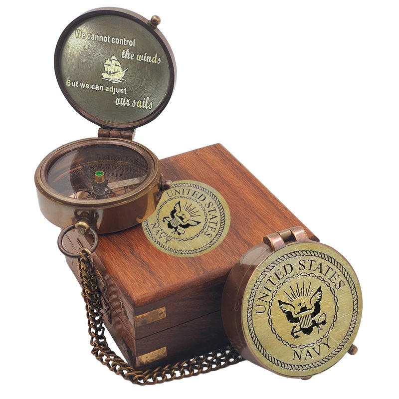 US Navy Military Gifts for Men Women - Personalized Retirement Compass for Son Mom Dad Family - Engraved United States Navy Gift (Navy with Wooden Box)