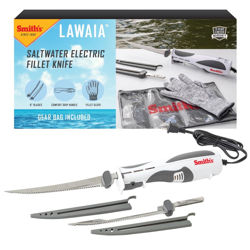 Smith's Lawaia Electric Fillet Knife 51233-2 Removable 8” Serrated Stainless Steel Blades w/Sheath - Fillet Glove & Mesh Storage Bag - Fishing, Outdoor, Hunting Electric Knife - 6 ft Power Cord, White