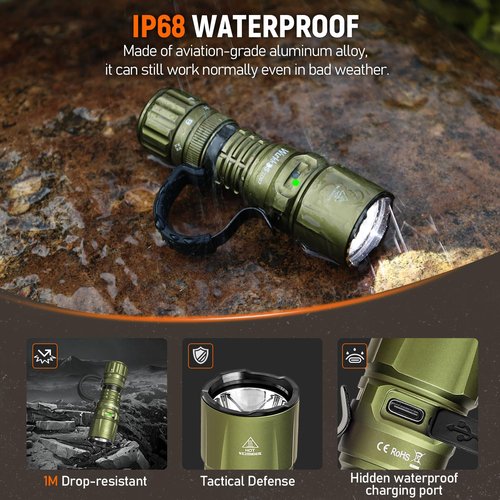 Wurkkos TD07 Flashlight, LED Tactical Flashlight, 1300 High Lumen EDC Small Flashlight, USB-C Rechargeable Flashlights, Turbo/Strobe Momentary, IP68 Waterproof, Flash Light for Camping(Olive Green)