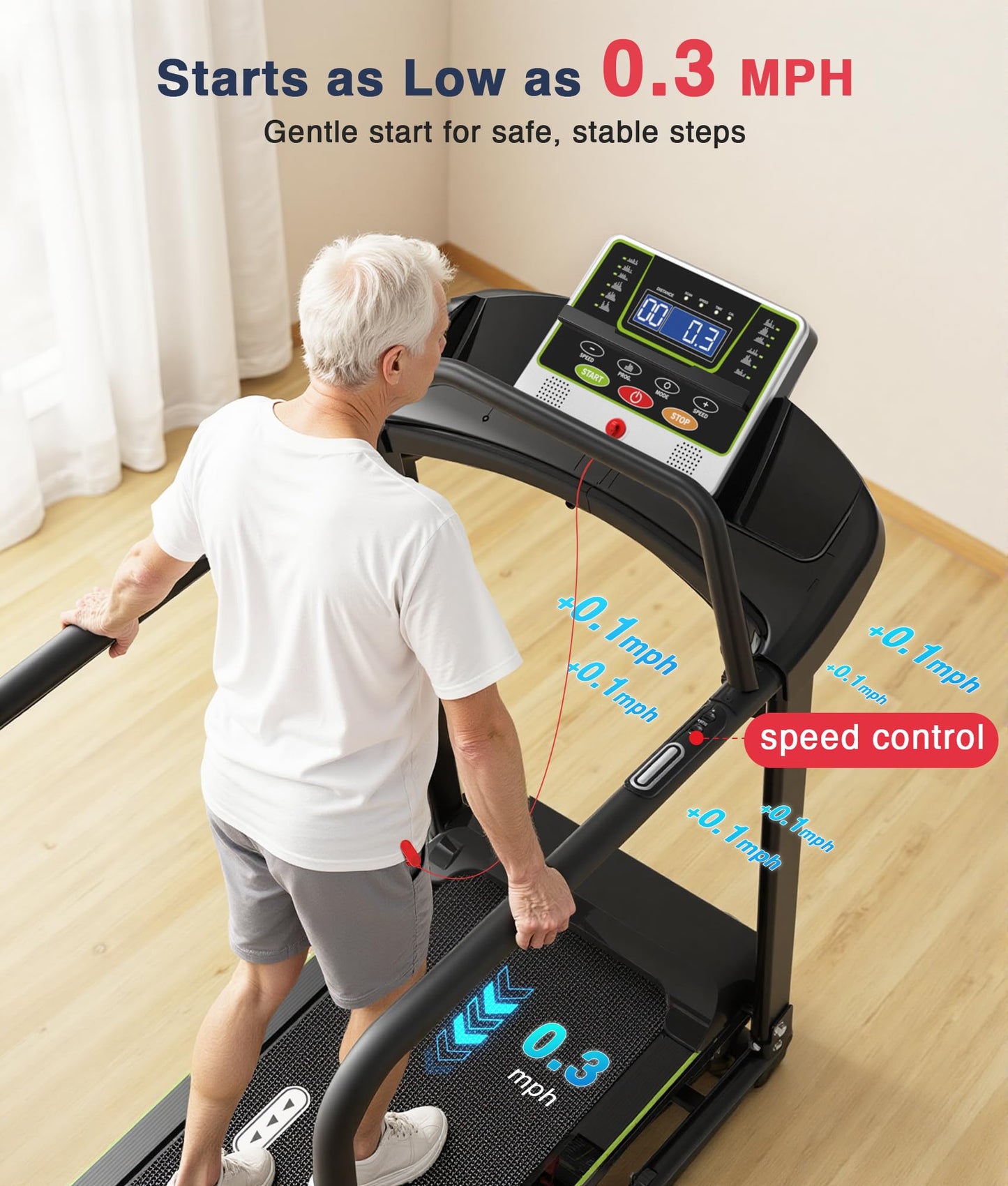 Redliro Treadmill for Seniors - 0.3mph Slow Start,Front & Long Handrails