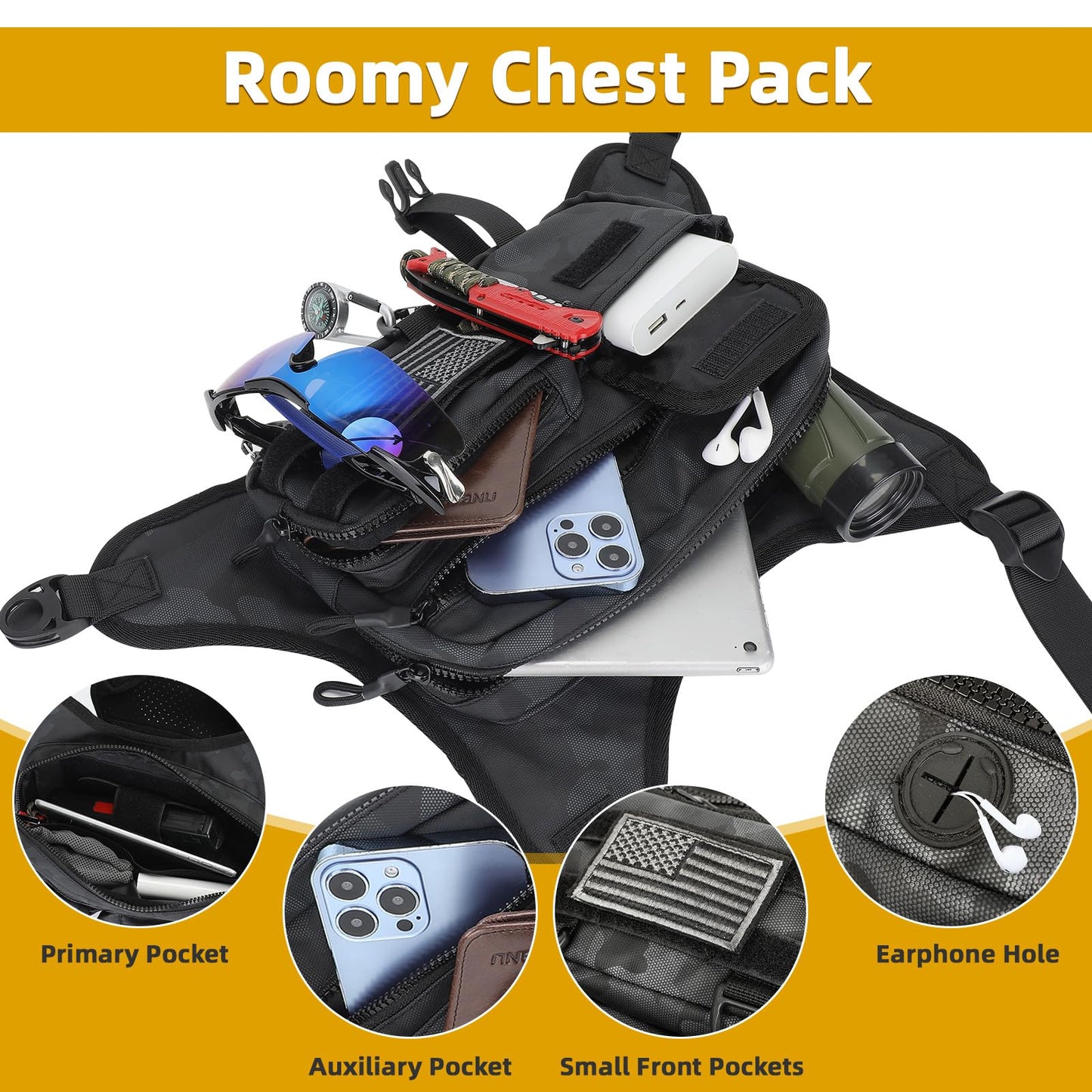 WILDKEN Chest Bag For Men, Water Resistant Lightweight Running Vest with Extra Storage Tactical Chest Pack for Workouts, Cycling, Hiking (Camo)