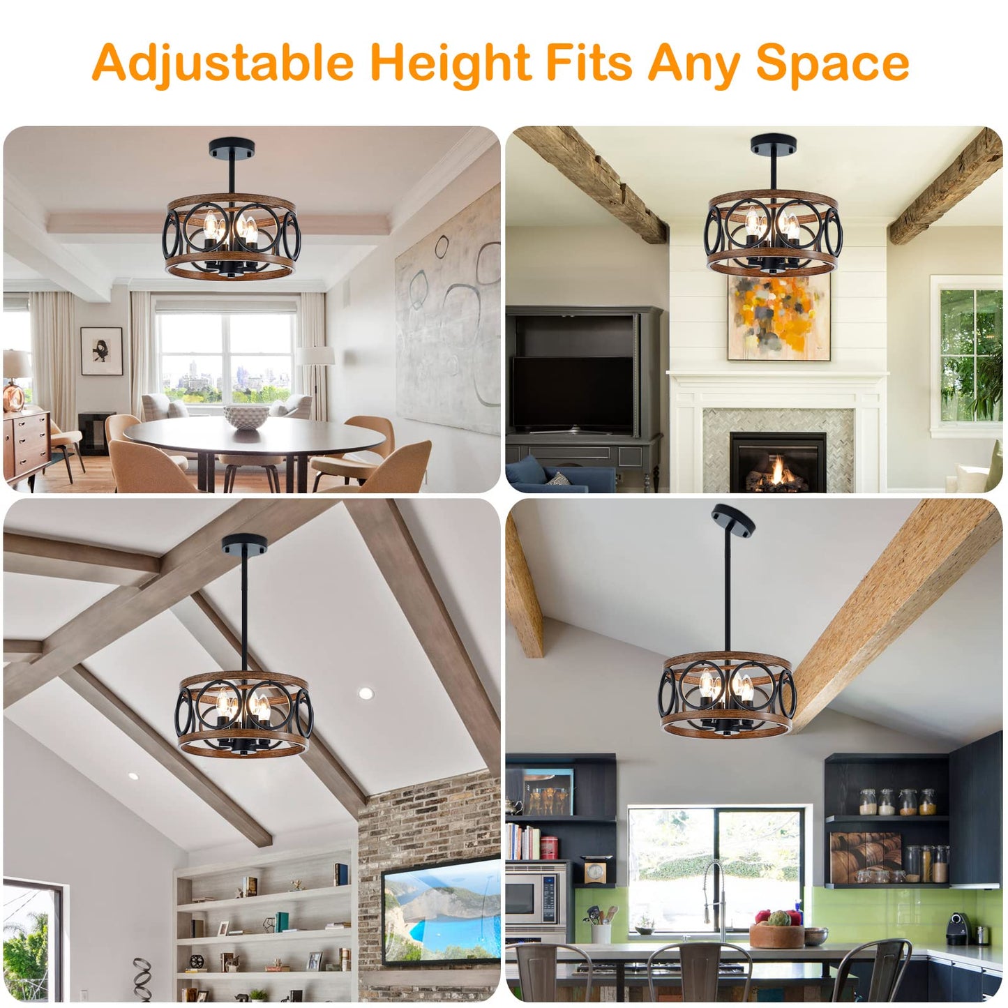 Faibra 4-Light Farmhouse Drum Pendant Light,12.6'' Nature Wood Texture Vintage Rustic Chandeliers Black Metal Industrial Hanging Light Fixtures for Entryway, Bedroom Dining Room