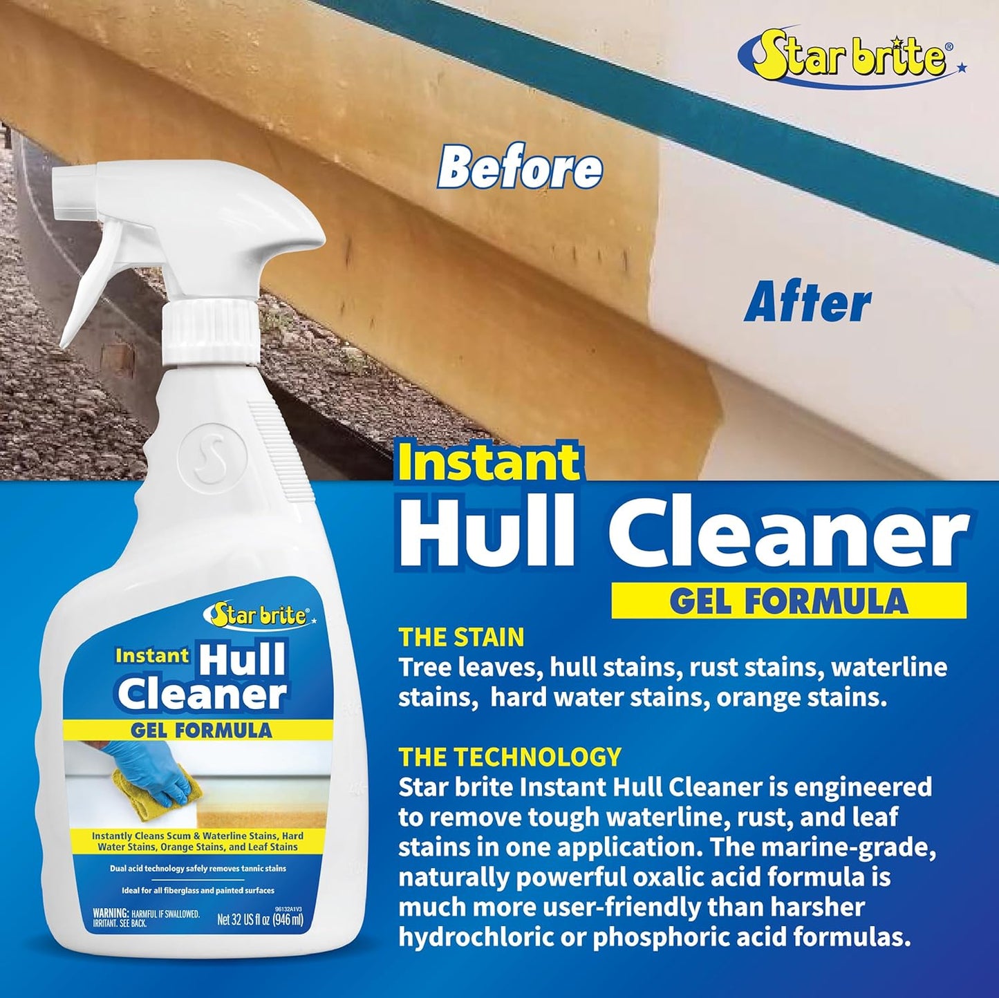 Star Brite Instant Hull Cleaner - 32 Oz Gel Spray for Effortless Stain Removal on Boats & Fiberglass