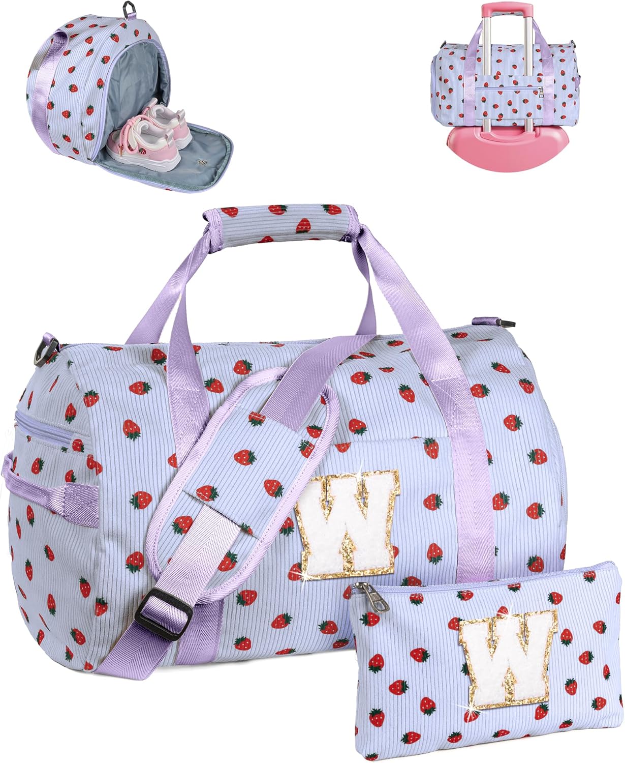 Skiennix Personalized Girls Gym Bag - Stylish Overnight Duffle with Shoe Compartment & Makeup Bag | Gift for Dance Recital (Letter W)