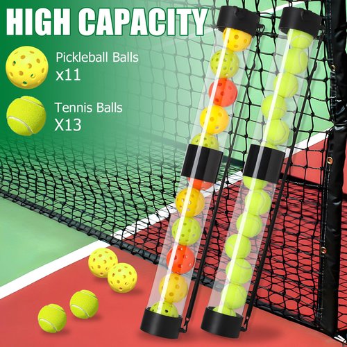 TOBWOLF Tennis Ball Pick up Tube, Lightweight Pickleball & Tennis Collector Ball Holder with Shoulder Strap, Detachable 2-Sessions Tennis Ball Hopper Tube Fits 11 Pickleballs or 13 Tennis Balls