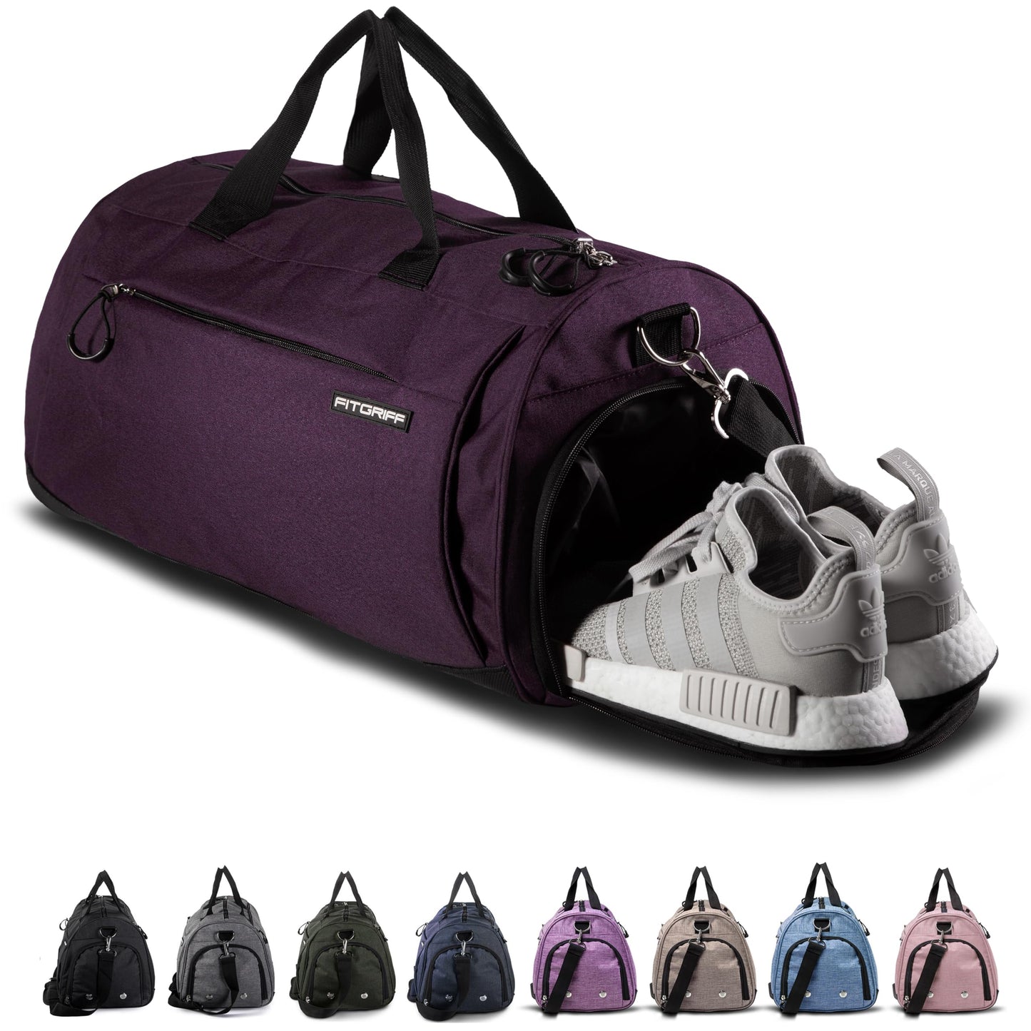 Fitgriff® Gym Bag for Men & Women with Shoe & Wet Compartment - Duffle Bag for Travel, Sports, Fitness & Workout (Mulberry, 23 x 12 x 12″ (Medium))
