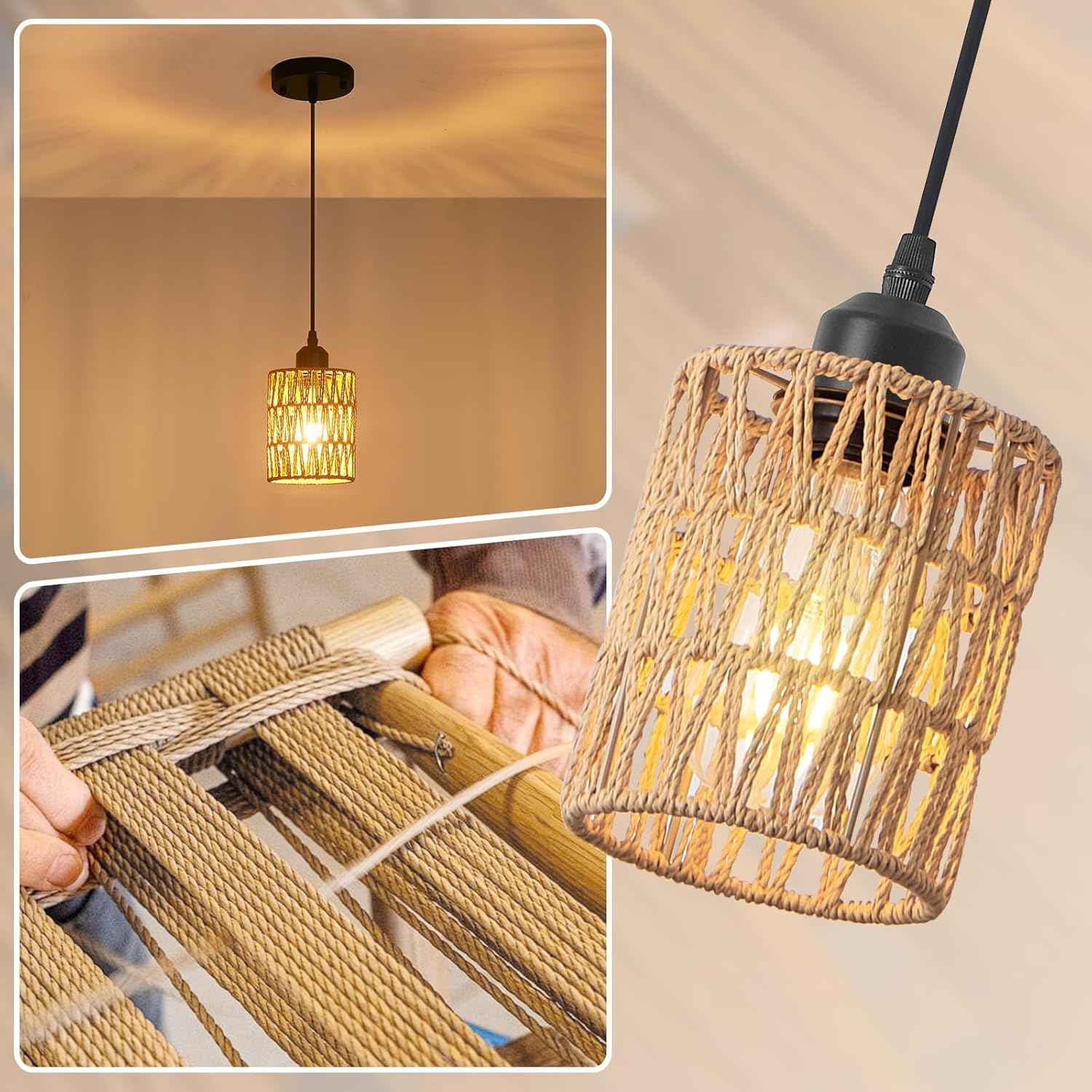 Rattan Chandelier Pendant Lights - 3 Pack Adjustable Height Boho Farmhouse Ceiling Fixtures for Kitchen & Dining Room