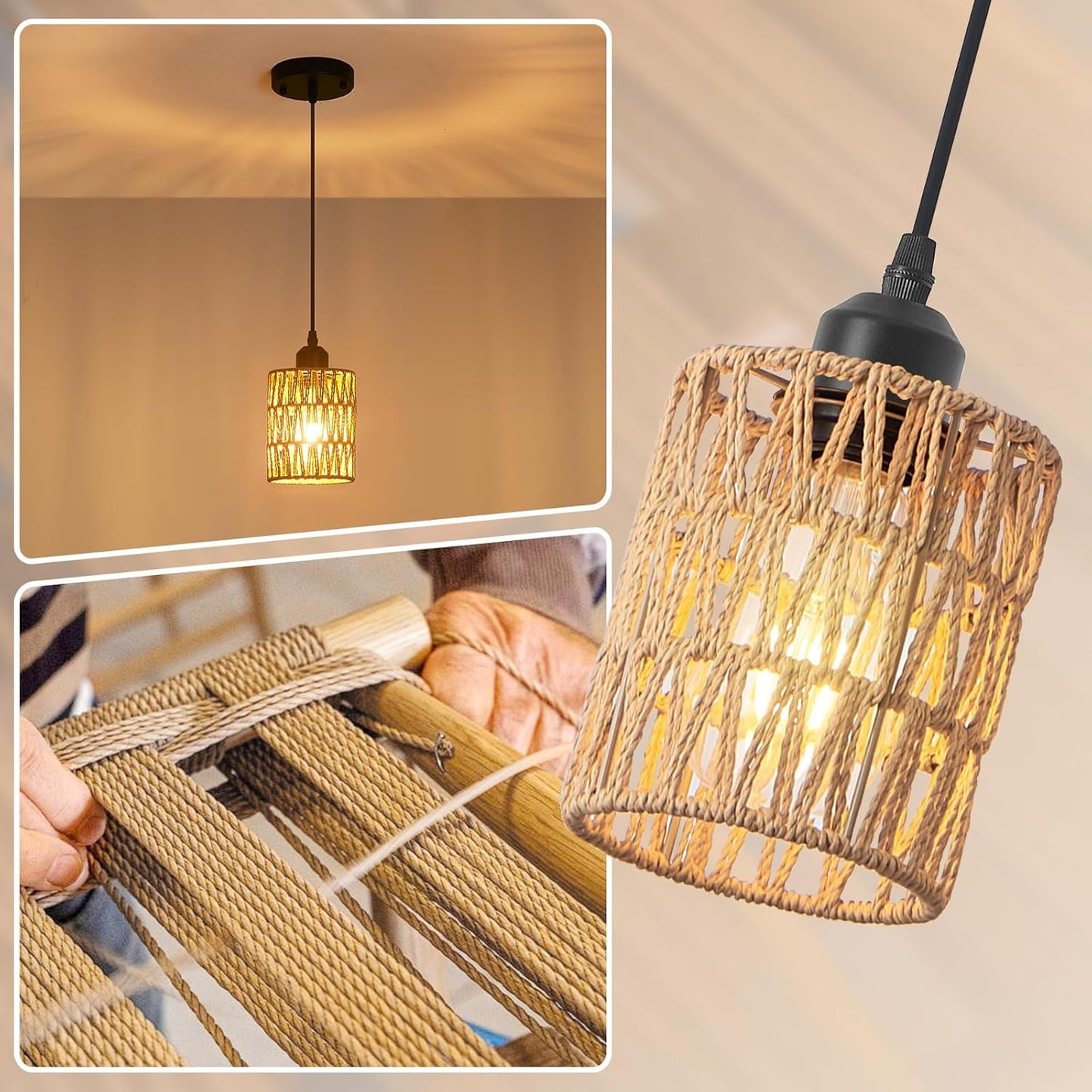 Rattan Chandelier Pendant Lights - 3 Pack Adjustable Height Boho Farmhouse Ceiling Fixtures for Kitchen & Dining Room