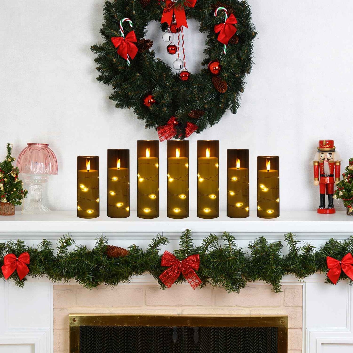 Flameless Candles Flickering LED Lights 7 PCS Battery Operated Candles with Remote & Timer, with Embedded Star String Lights for Home Decoration Wedding Festival Cafe Restaurant (Grey)