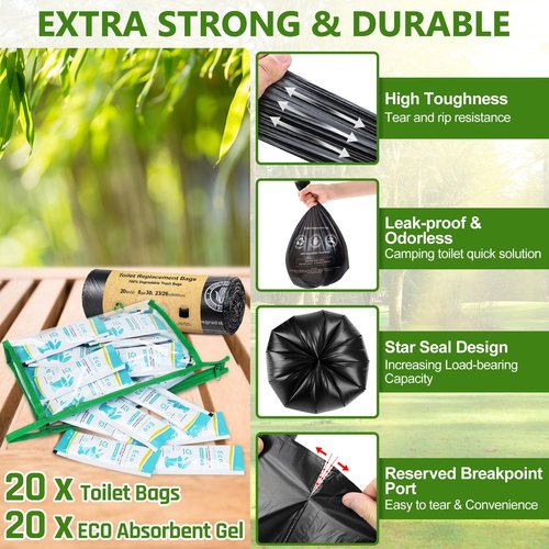 BLIKA 20 Count Camping Toilet Bags Eco Absorbent Gel Set, Portable Toilet Bags with Gel, 8 Gallon, 30 Liter, Heavy Duty 1 Mil, Toilet Replacement Bags with Toilet Powder for Camping Outdoor Hiking