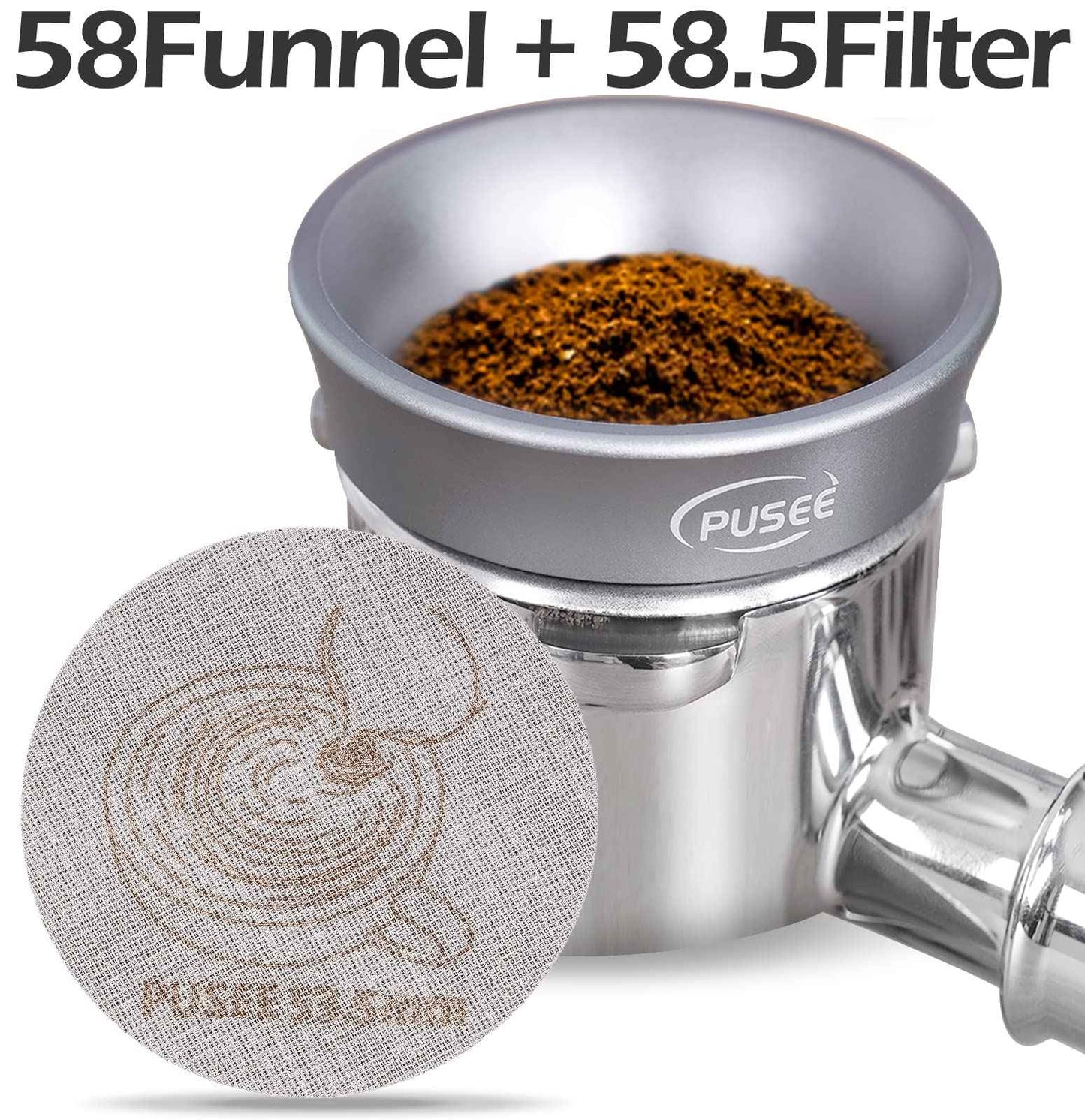58mm Espresso Dosing Funnel & 58.5mm Puck Screen,PUSEE Coffee Dosing Ring Aluminum Metal,Reusable 1.7mm Thickness 150μm Espresso Puck Screen 316 Stainless Steel Fits 58mm Portafilter