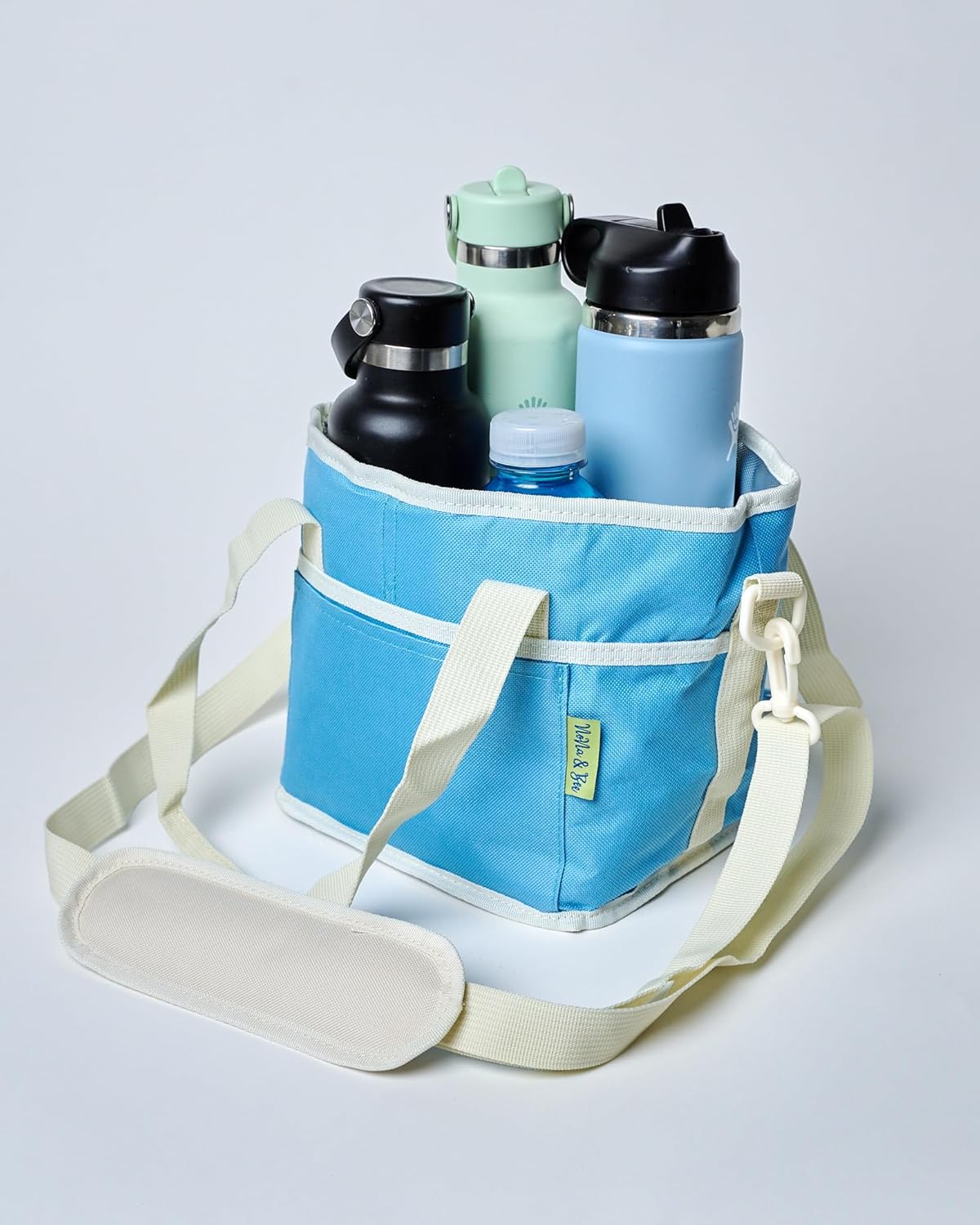 NoNa & Bee Water Bottle Holder with Strap - Family Size 4 Compartment Drink Bag | Adjustable Tumbler Carrier for Large & Small Drinks | Hands-Free Design, Stable in Car