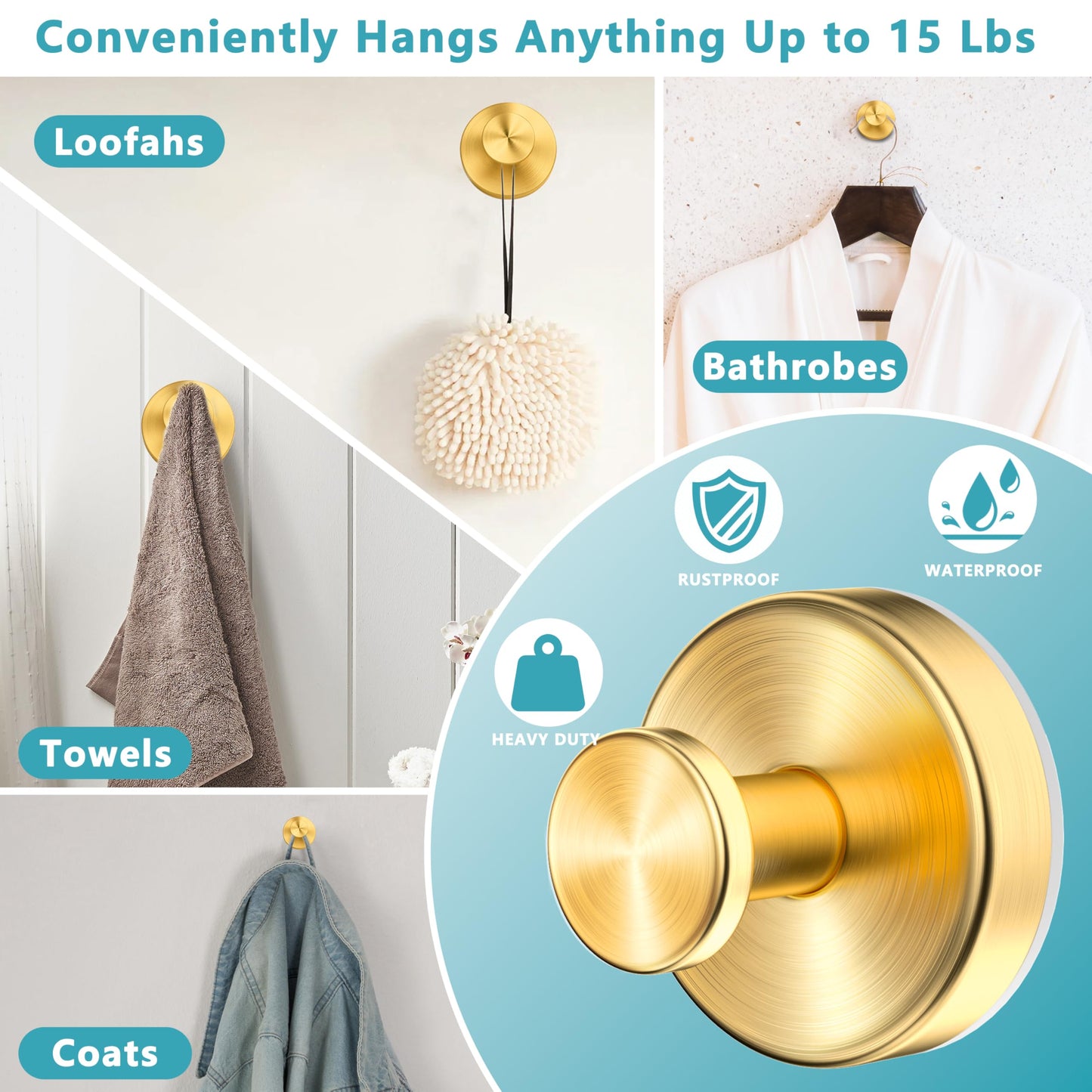 Suction Cup Hooks for Shower,Wreath Hanger for Front Door,Removable No Drill Waterproof Towel Loofah Hook,Upgraded 15 lbs Strong Suction Metal Hooks for Bathroom,Wall,Garland Glass Door-Gold 2 Pcs