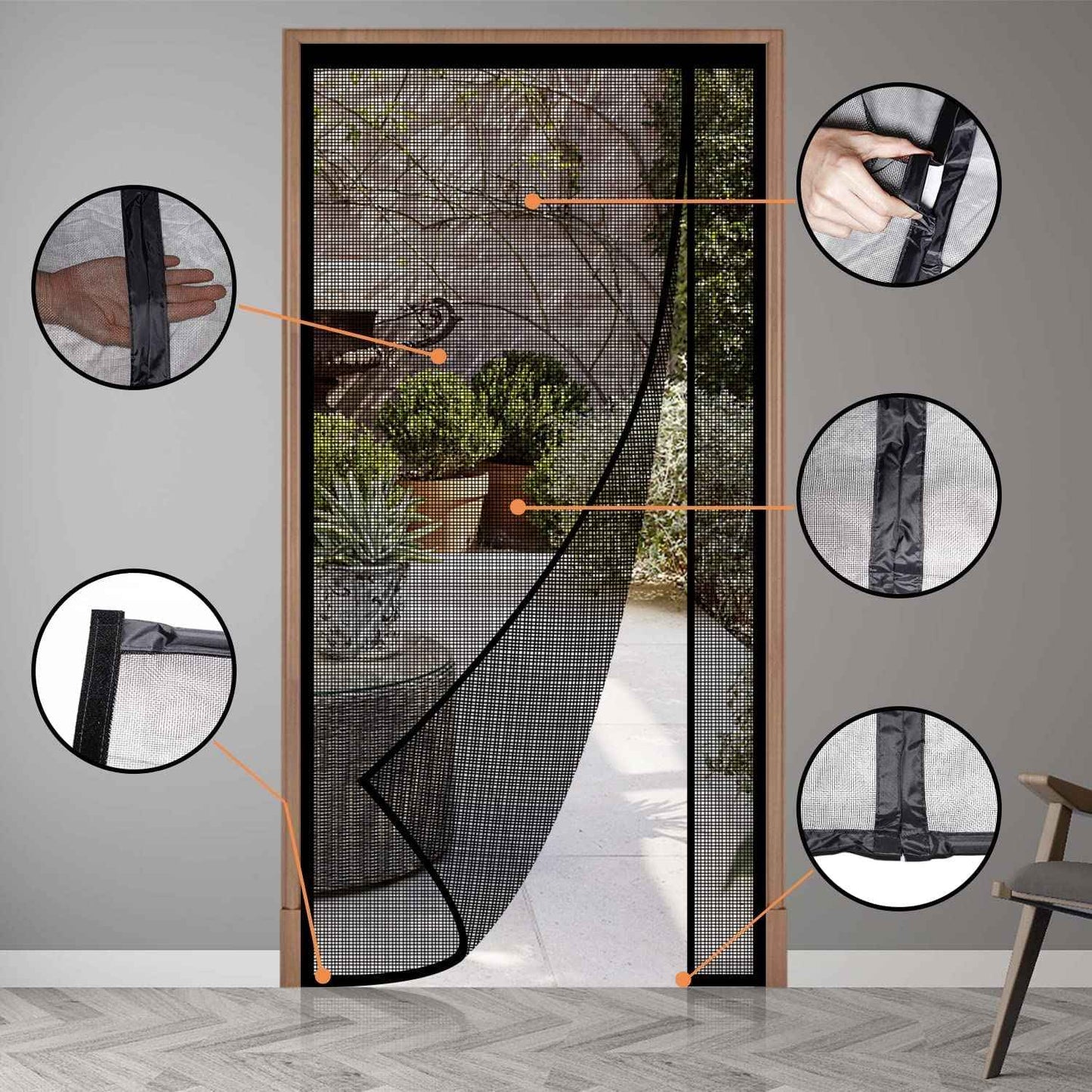 Reversible Left or Right Side Opening Magnetic Screen Door, Narrow Durable Fiberglass Mesh Curtain Hands Free for Patio, Bedroom, Fits Door Size 38" x 82", Black