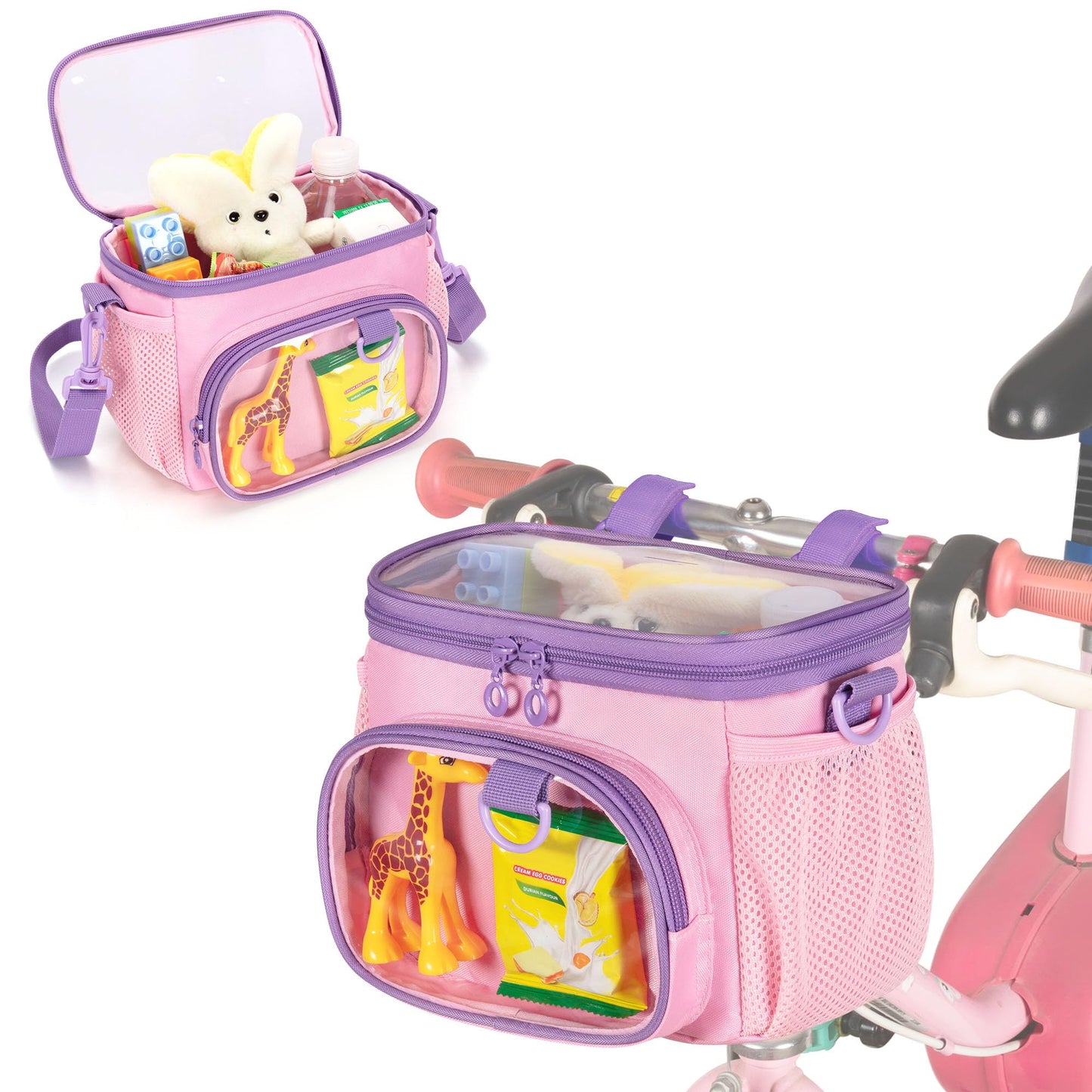 GRAOSO Bike Basket Front Kids, Bicycle Basket, Cute Bike Accessories Fit Most of Handlebar, Tricycle, Scooter Bag for Girls and Boys with Shoulder Strap, Pink, Patented Design