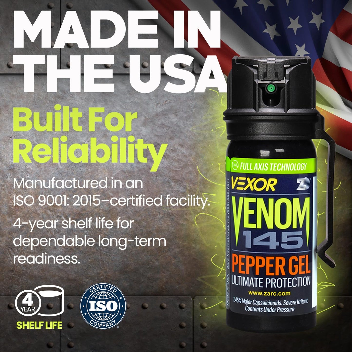 VEXOR Venom Pepper Gel Spray, 1.45% Major Capsaicinoids, Up to 20 ft Range, 18 Bursts, Belt Clip, Made in USA, 1 Pack, 1.8 fl oz