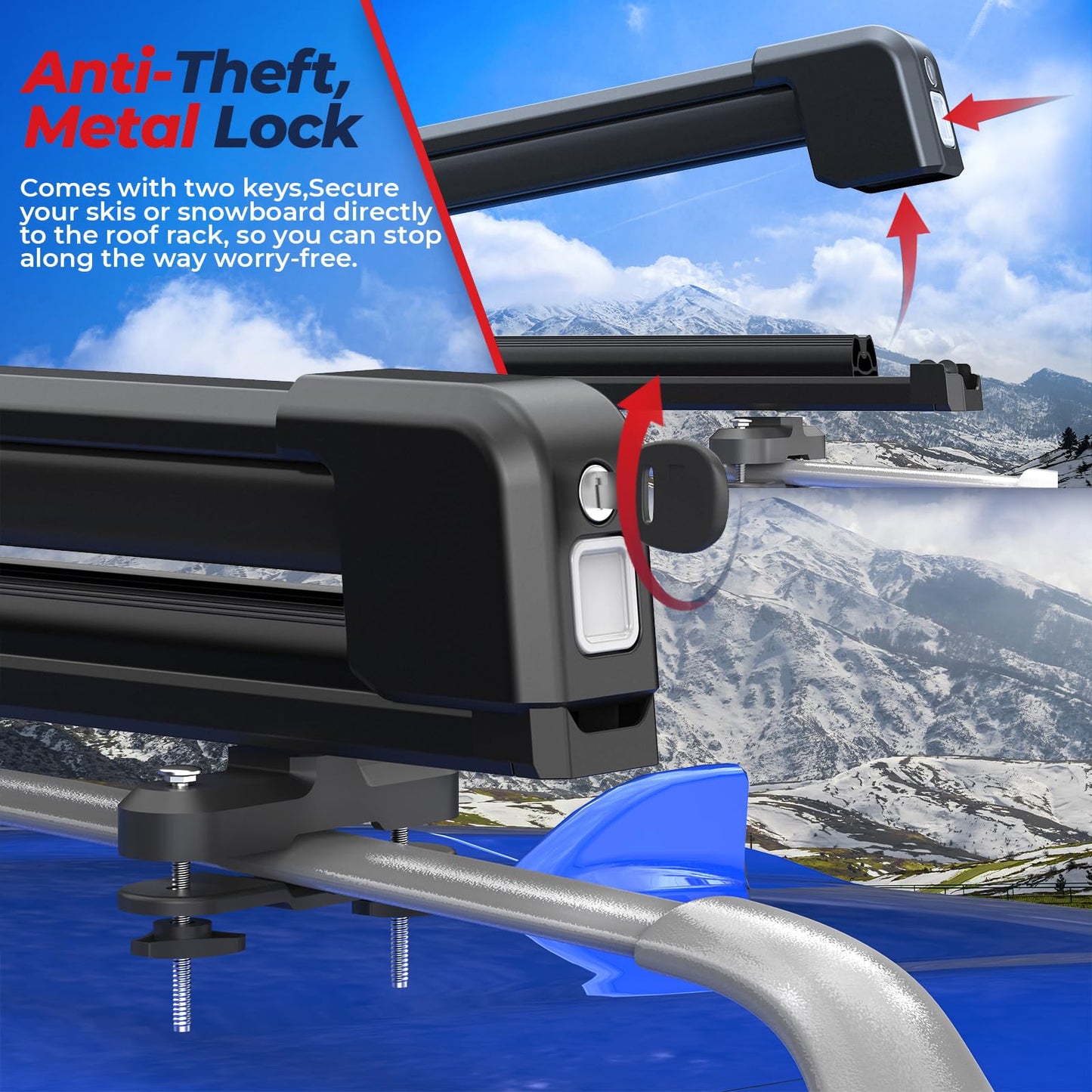 MOSTPLUS Lockable Ski Racks Snowboard Racks CrossBars Rack with Metal Lock and Rubber Padding,Fits 6 Pairs Skis or 4 Snowboards,Universal Fit for Vehicles,Aluminum 30"