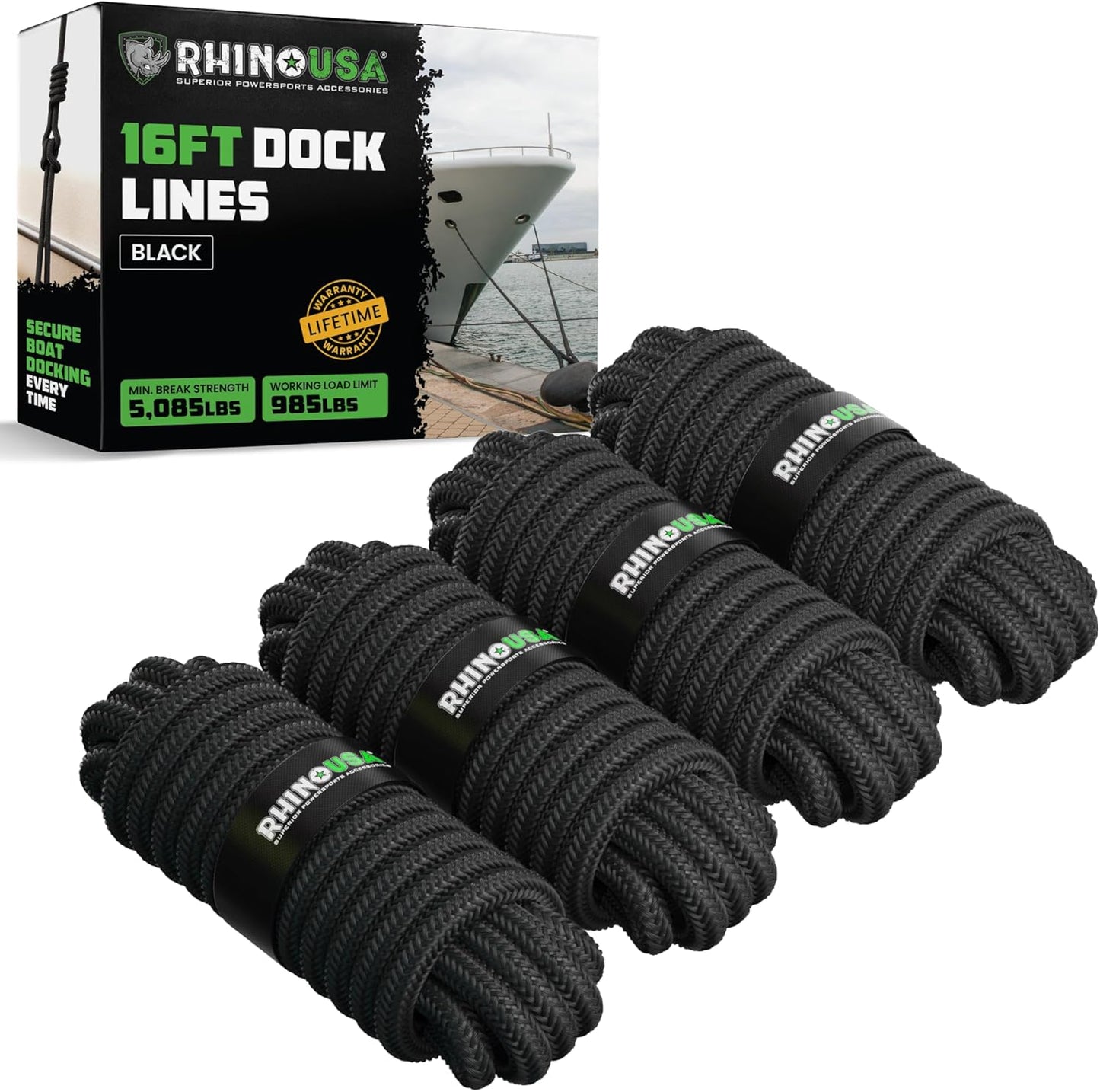Rhino USA Dock Lines - Heavy Duty 1/2" x 16' Marine Grade Rope for Boats, Kayaks & Pontoons | Black