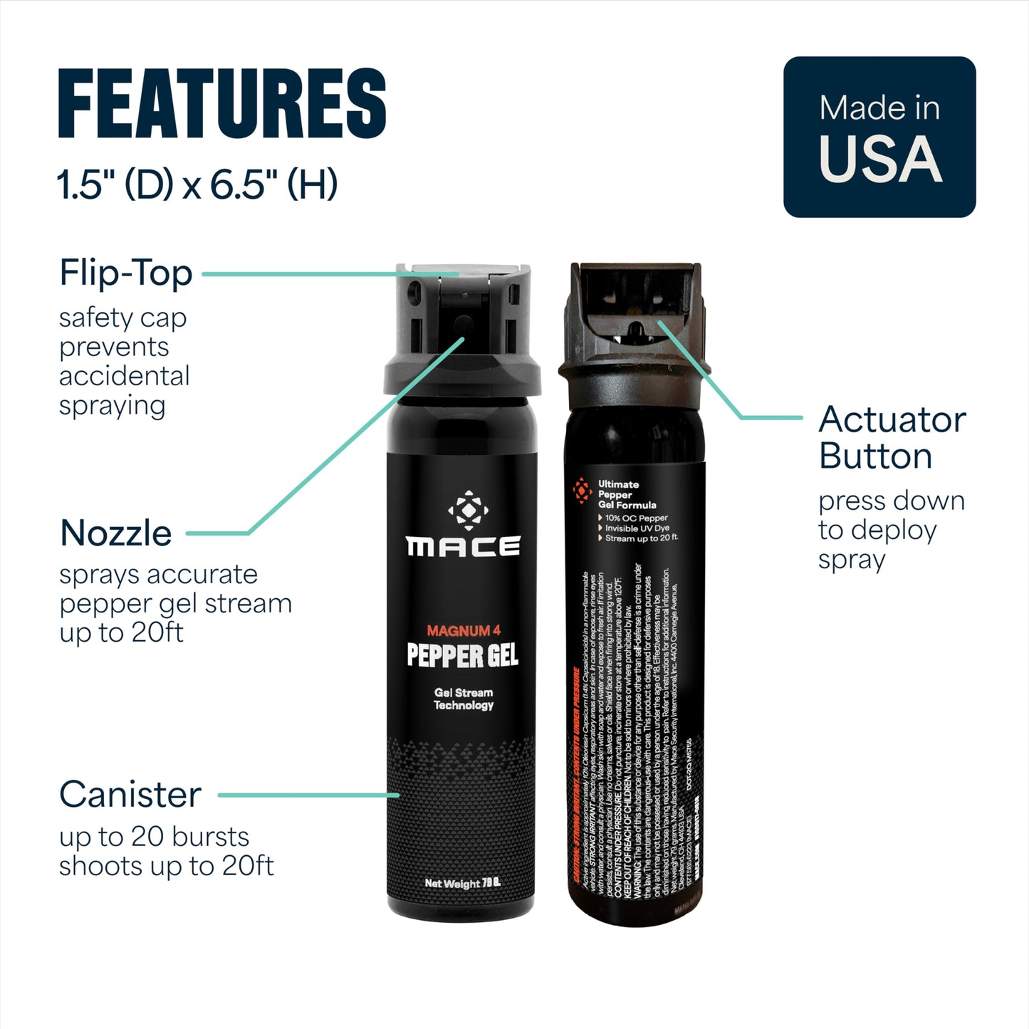 Mace Pepper Gel - Magnum 4, 2.79 oz, 20 Feet Range, No Wind Blowback, Max Police Strength, Long Lasting UV Dye, Flip Top Safety Cap, Self Defense Pepper Spray Gel for Women & Men - Black
