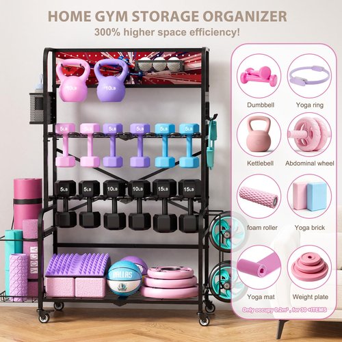 YiiMeeCoo Home Gym Storage System with Wheels, Vertical Dumbbell Rack and Workout Equipment Organizer, All-in-One Fitness Storage for Dumbbells, Kettlebells, Yoga Mats, Balls and Accessories, Steel