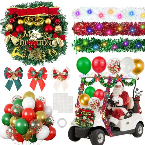LAIAMER 48Pcs Christmas Golf Cart Decoration Kit, Parade Golf Cart Christmas Decoration Kit - Lights String/Xmas Wreath/Bow/Red Green White Tinsel Garland/Balloons with Glue for Xmas Carts Decor