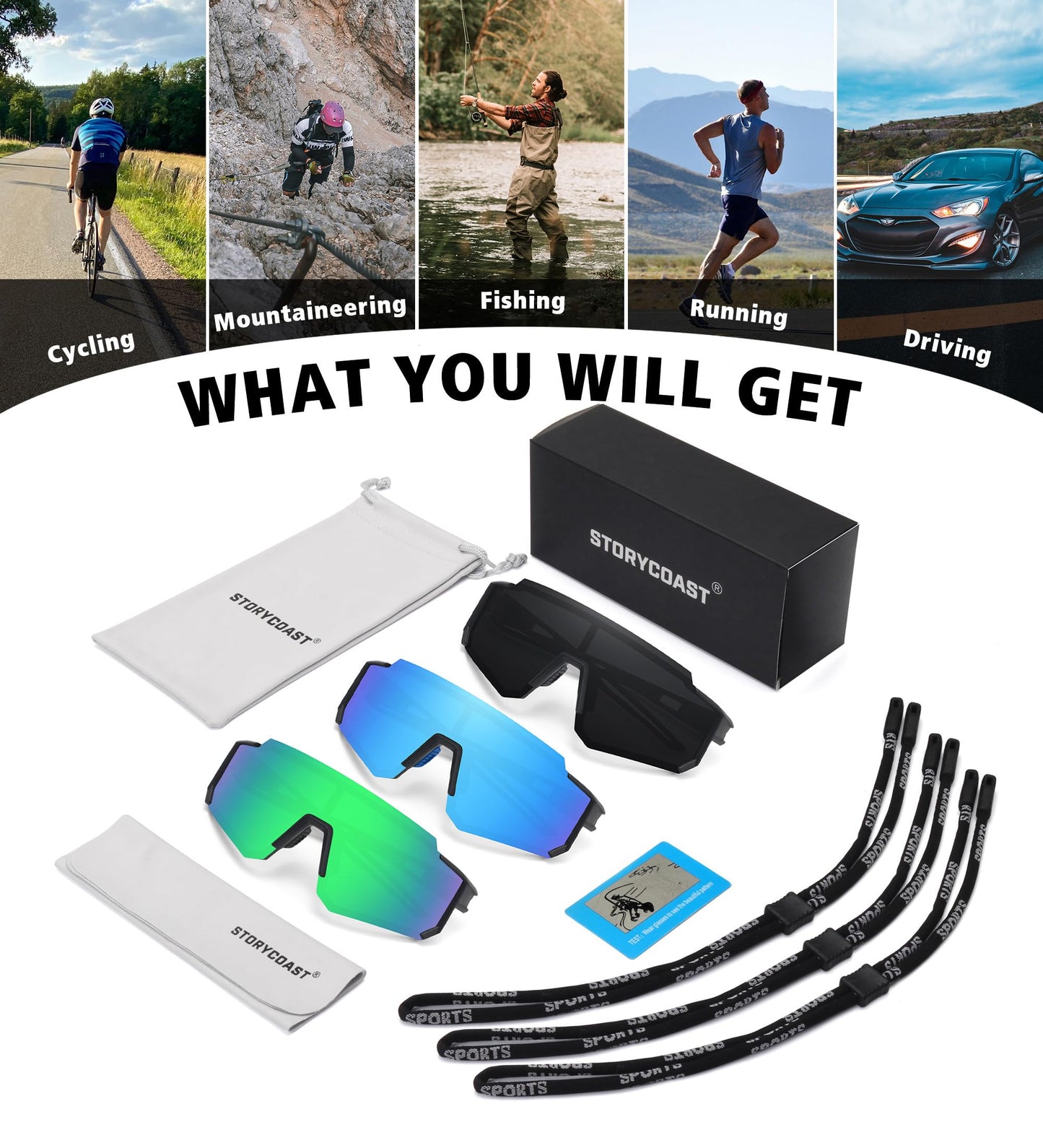 STORYCOAST Sports Running Sunglasses for Men Women Cycling Driving Fishing Bike Sunglasses Polarized UV400 Protection 3Pack Matte Black/Gray+ Black/Ice Blue+ Black/Green