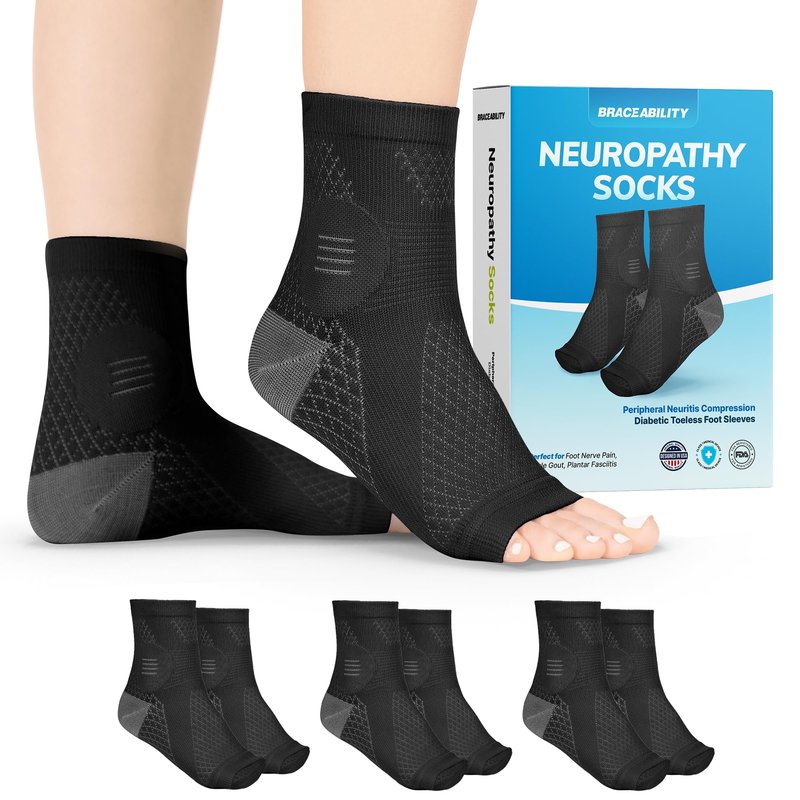 BraceAbility Neuropathy Socks (3 Pairs) - Multipack Peripheral Compression Diabetic Toeless Foot Sleeves for Nerve Damage in Feet, Ankle Gout, Plantar Fasciitis Relief for Men and Women (L - Black)