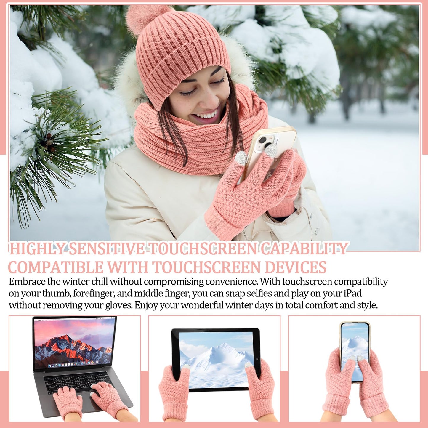 Geyoga 3 Pcs Winter Beanie Hat Scarf Gloves Set Warm Winter Knit Hats with Pom Long Scarf Touchscreen Gloves for Women Men(Pink)