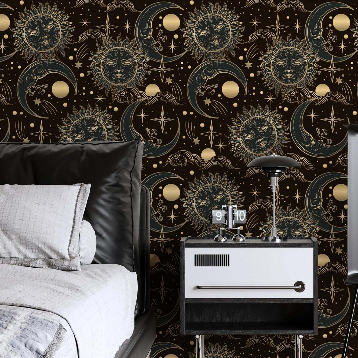 WENMER Celestial Wallpaper 17.3” X 118” Gothic Peel and Stick Wallpaper Dark Brown and Yellow Contact Paper Sun/Moon/Star Wallpaper Self Adhesive Vintage Night Sky Wallpaper for Bathroom Bedroom