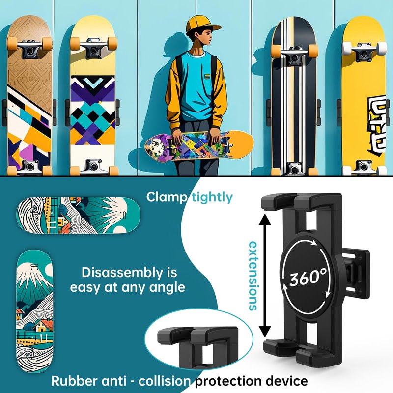ZIDIHUB Swivel Skateboard Wall Mount, 360° Skateboard Deck Wall Mount, Suspended Display Hanger Grab, Suitable for Any Skateboard Shop and Enthusiast, Collector (1 Set)