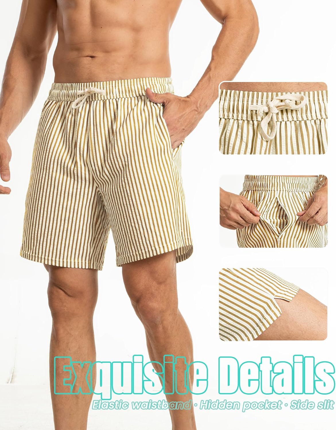Skiennix 2-in-1 Seersucker Men’s Swim Trunks - Quick Dry with Compression Liner & Zipper Pockets | 7 Inches