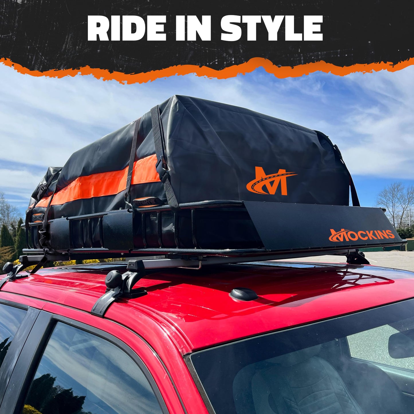 Mockins 20 Cu.Ft. Roof Cargo Bag for Top of Car | 53"x40"x17" All-Weather Rooftop Cargo Carrier Bag | Abrasion-Resistant Vinyl Car Top Carrier Without Roof Rack w/Mat, Straps, Hooks, Lock & Carry Bag