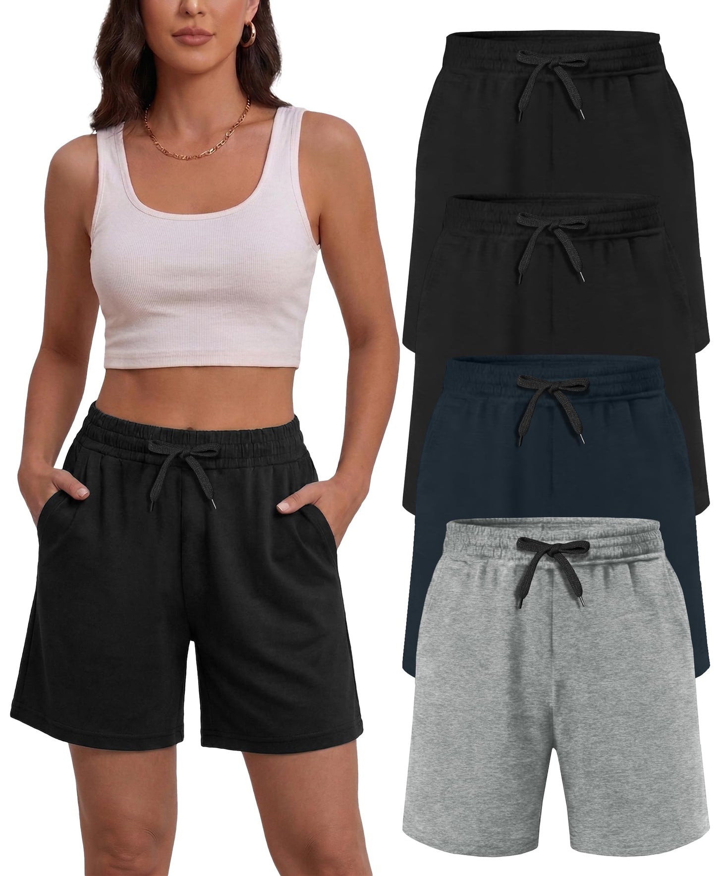 Dalavch 4 Pack Women's Summer Sweat Shorts Cotton Comfy Drawstring Shorts for Casual Lounge Sport Athletic with Pockets 2 Black 1 Pitch Blue 1 Heather Grey X-Large