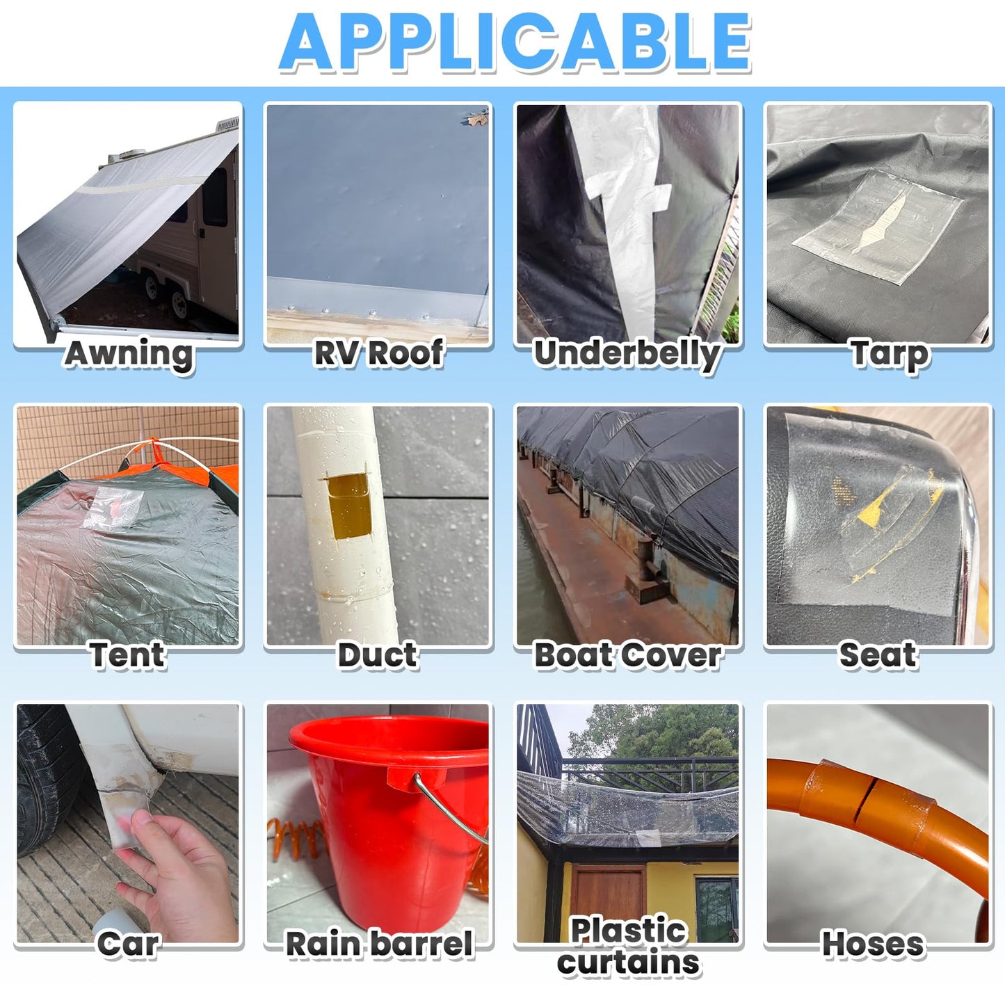 Tikfoam Waterproof Repair Tape for Awning, Tent, Tarp, RV Underbelly, Sail, Boat Cover, Duct Outdoor Repair Patch, Heavy Duty, UVproof, Multipurpose, Clear