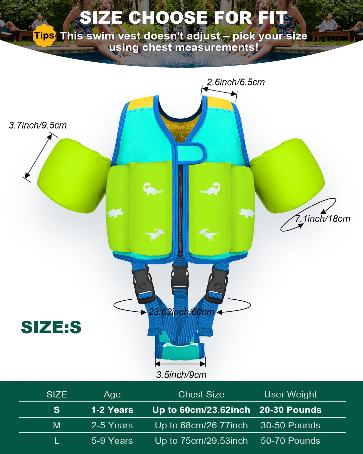 AEOCOO Kids Pool Floaties 1-2-3-5-7-9 Years Old, Toddler Swim Vest 20-30-50-70 Pounds, Comfortable Extended Wear Kids Float Jacket with Crotch Strap, Bright Design and Unpadded Sides, Blue