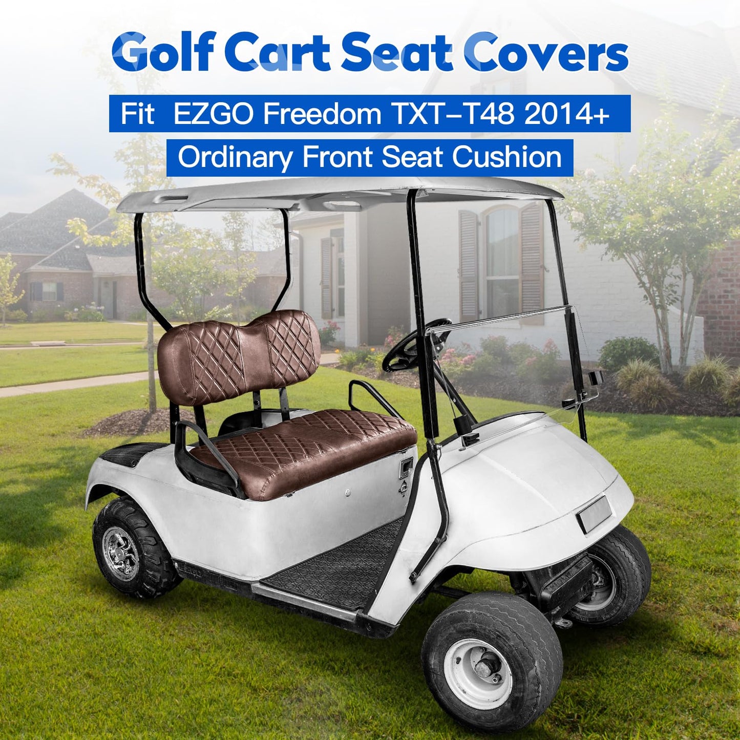 NOKINS Golf Cart Diamond Seat Covers Kit, Fit EZGO Freedom TXT T48 2014+ OEM Standard Front Seat Cushion, No Nails Required & Easy to Clean, Breathable Vinyl Seat Covers (Brown and Brown 8438)