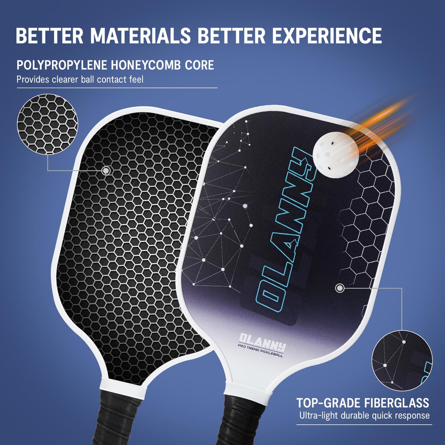 OLANNY Pickleball Paddles - Premium Rackets Face & Polymer Honeycomb Core Includes 4 Pickleball Paddles+ 2 Indoor Balls+ 2 Outdoor Balls+ 1 Portable Carry Bag