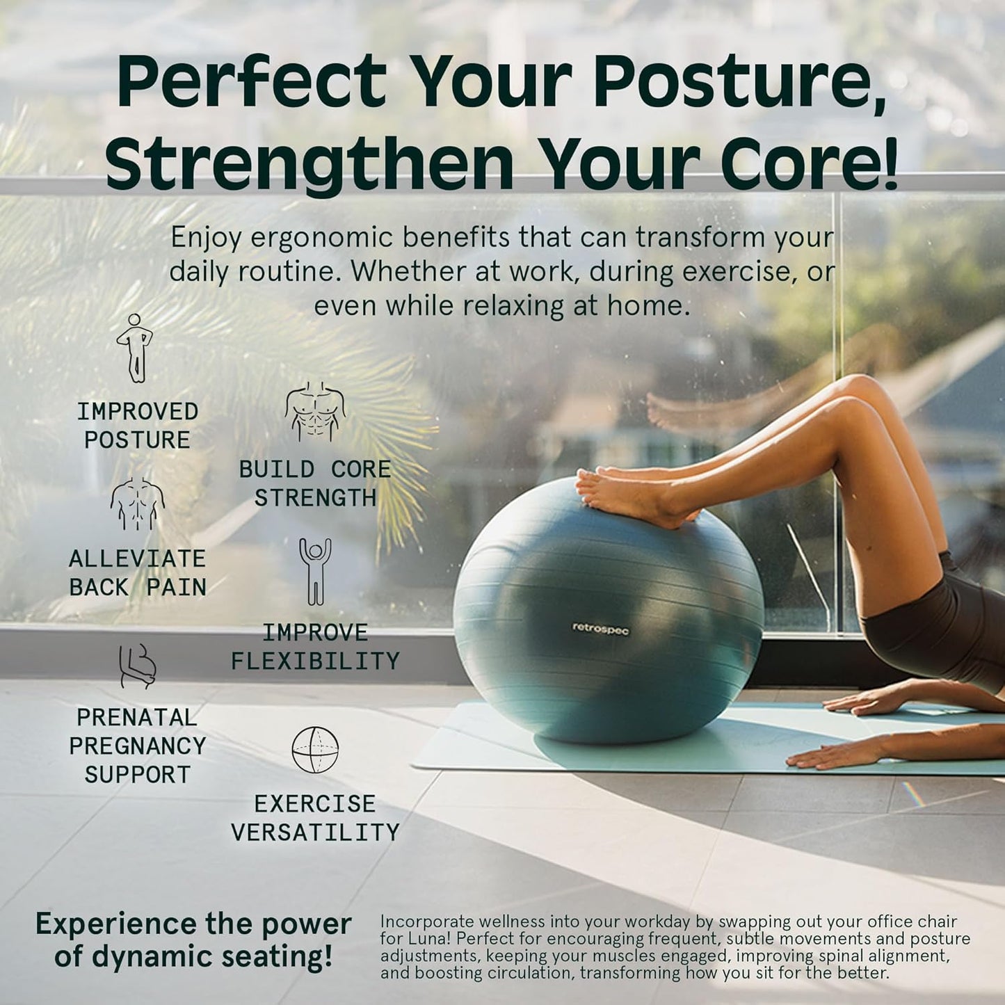Retrospec Luna Exercise Ball - Anti-Burst Yoga & Core Training Equipment | Home Gym & Office Use