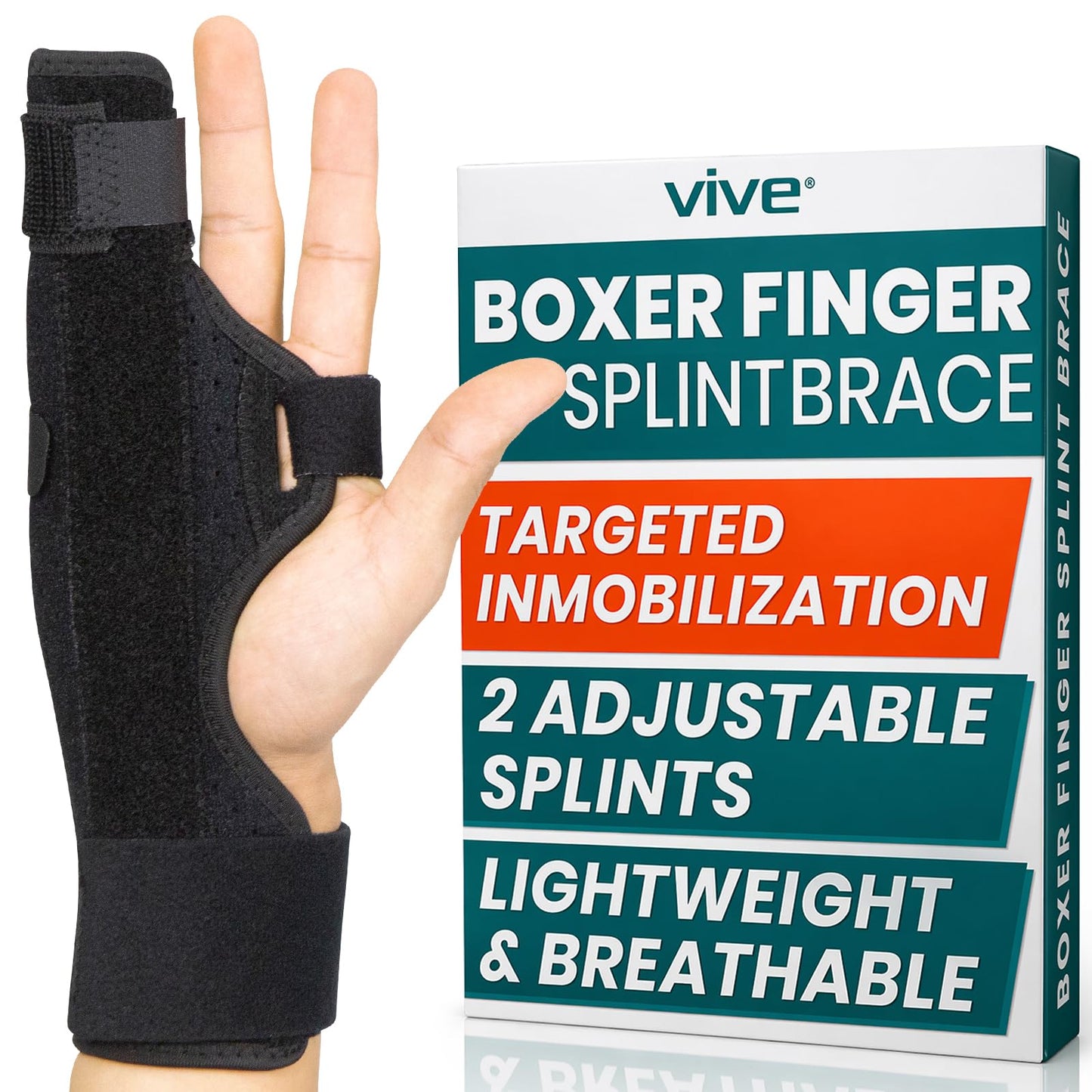 Vive Boxer Finger Splint Brace- Supports Pinky, Ring, Middle Metacarpals and Knuckles - Right or Left Adjustable Hand Brace - Straightening for Trigger Finger, Injury, Fracture, Broken, Tendonitis (7.75 Inch)
