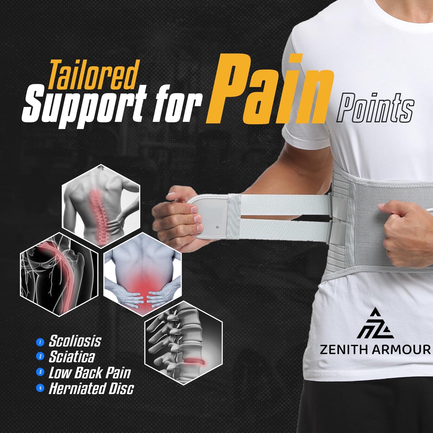 Zenith Armour Lumbar Support, Lower Back Brace Support for Lower Back Pain Relief, Scoliosis, Herniated Disc, Sciatica - Adjustable, Removable Metal Plate, Machine Washable - Men and Women (Medium)