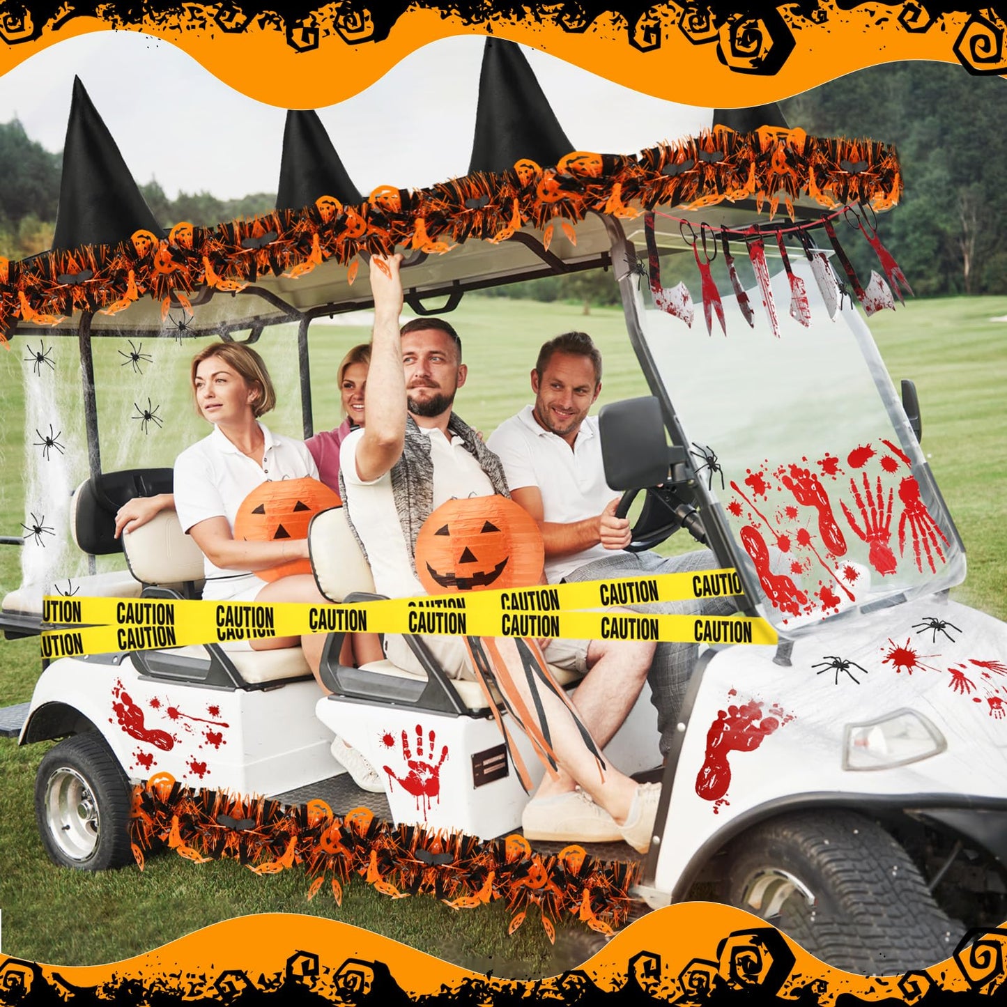 Suncalla Halloween Golf Cart Decorations Halloween Themed Car Decoration Kit Blood Knife Banner Pumpkin Lanterns Witch Hat Bloody Handprint Footprint Stickers for Golf Cart Party Supplies Decor