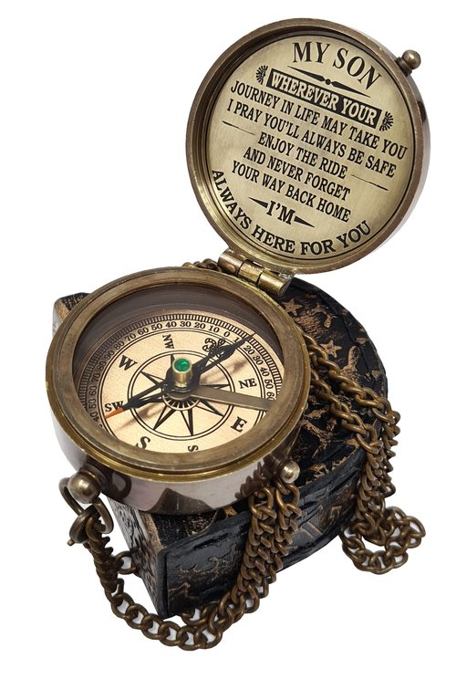 The New Antique Store - Brass Compass Engraved with Motivational Quote, Gift for Son, Grandson, Daughter, Baptism, Confirmation Communion Godson Church Graduation Day (in Leather Case)
