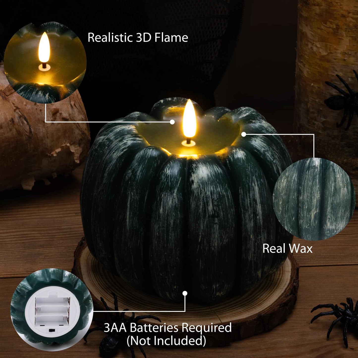 AFINETH Fall Pumpkin Flameless Candles Flickering LED Candles Battery Operated for Home,Halloween,Thanksgiving, Green