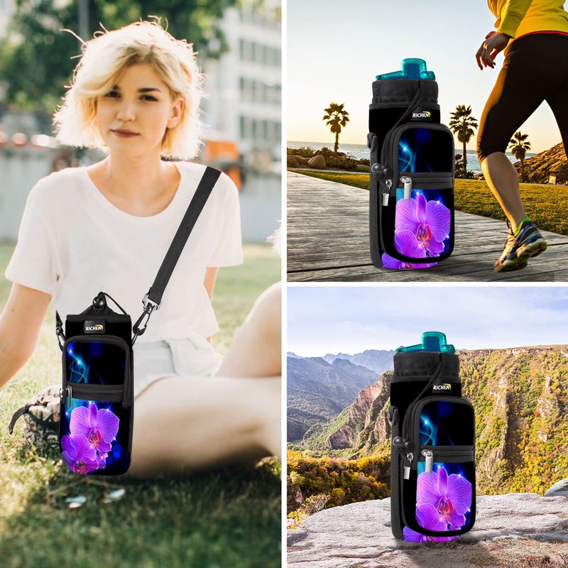 RICHEN Neoprene Water Bottle Carrier Bag 25/32/40/64 oz, Bottle Pouch Holder with Adjustable Padded Shoulder & Handle Strap and Front Pockets for Hiking Travelling Camping (Phalaenopsis, 25oz)