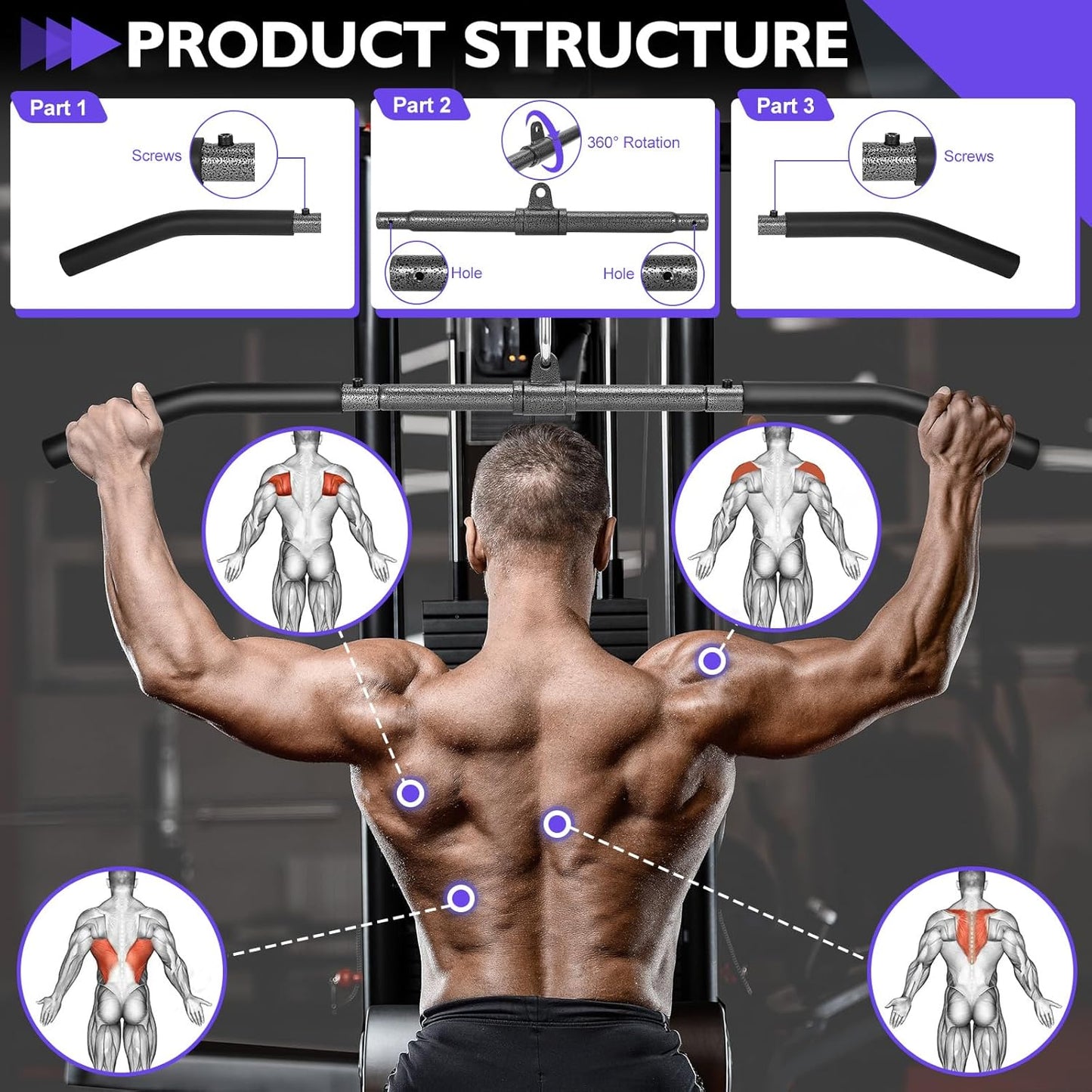 Skiennix Cable Machine Attachments Set - LAT Pulldown Bar & Tricep Rope for Home Gym