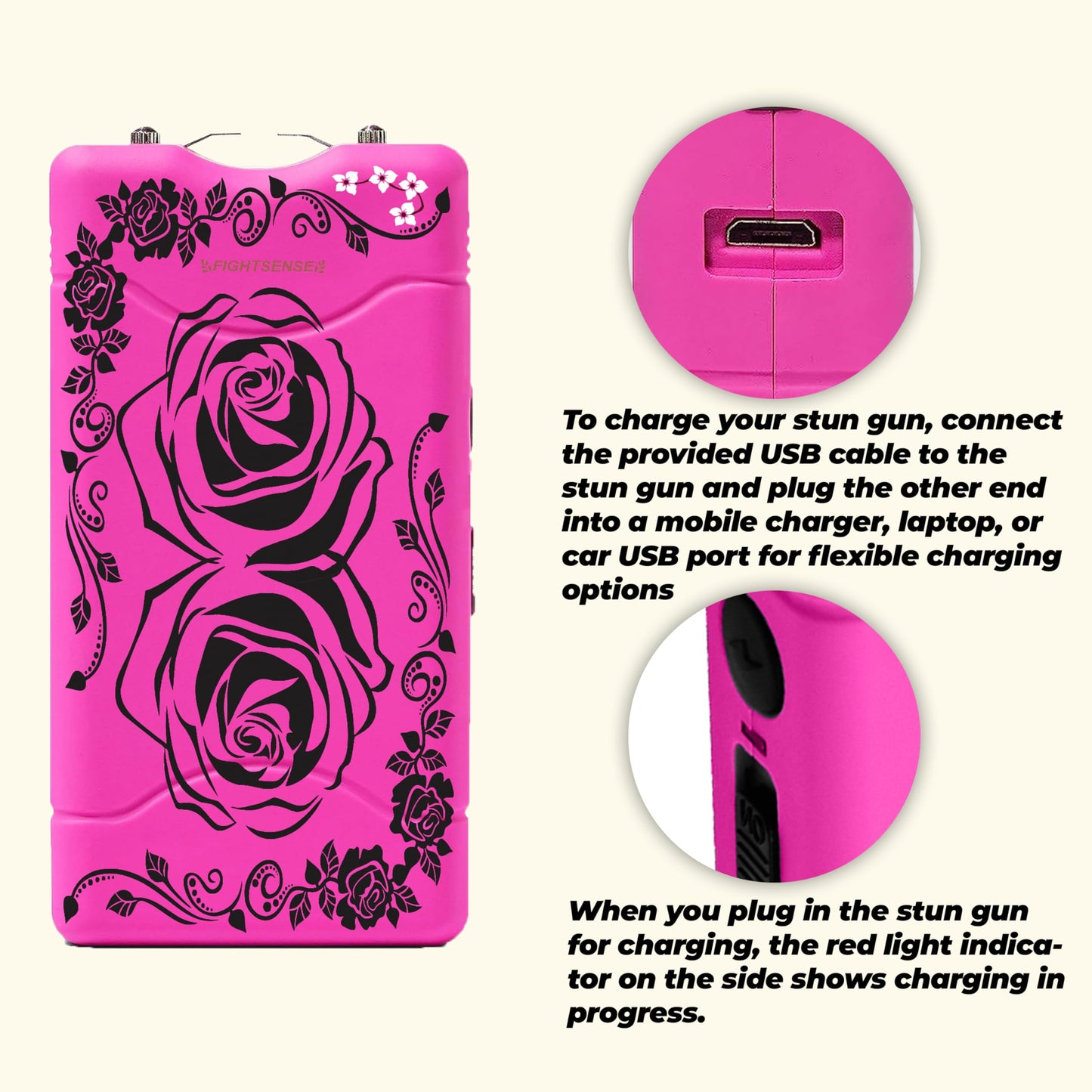 FIGHTSENSE Super Heavy Duty 35 Billion Mini Stun Gun for Self Defense with Bright Led Flashlight, Rechargeable Battery, Nylon Holsters with Belt Loop for Easy Cary (Zebra Pink)